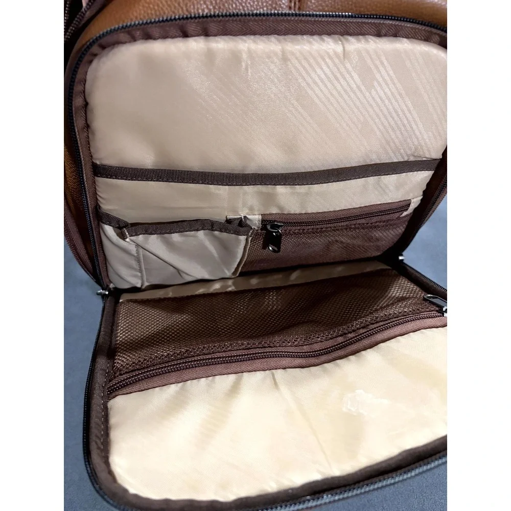 Samsonite Unisex Slim Backpack Brown Cognac Grain Leather Padded Mesh Back